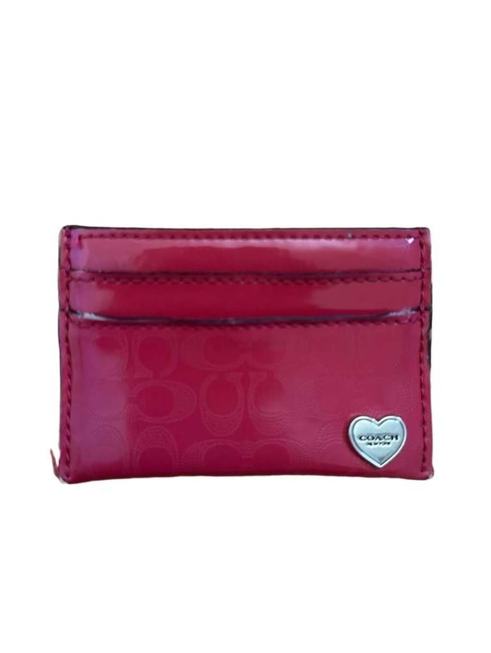 Coach Liquid Patent Signature Card Case Fuchsia Pink Heart Charm